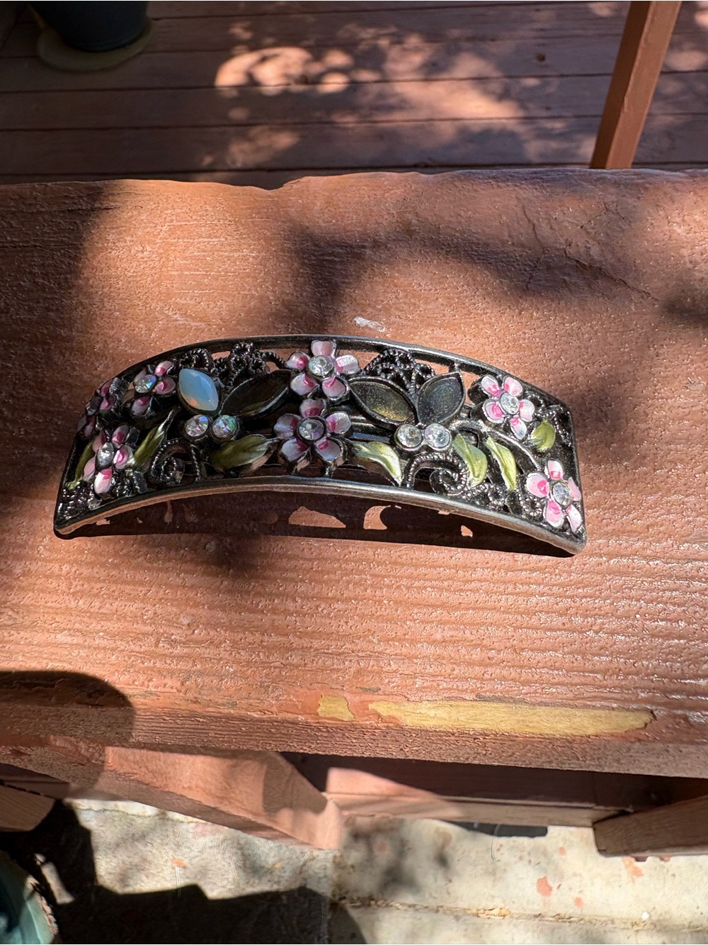 Vintage Floral Enamel & Crystal Metal Hair Barrette in Pink and Green